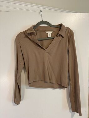 H&M Ribbed V-Neck Long Sleeve Top - Taupe Brown